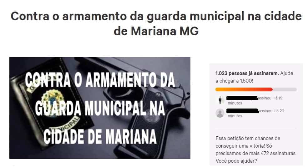 Abaixo-assinado contra o armamento da GM no instante de encerramento da votação na Câmara de Mariana.