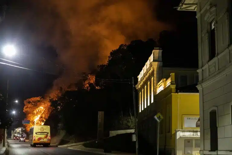Incêndio atingindo a mata próximo a uma avenida, colocando em risco os veículos que passam pela via e as construções vizinhas