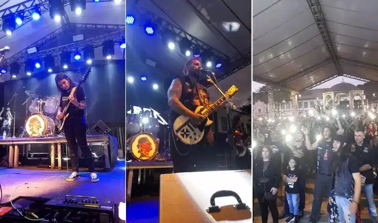 Fotomontagem com três imagens da banda da banda Hardwired Metallica Tributo, no segundo dia do 13º Encontro de Motociclistas. À esquerda, Jéssica de Falchi, no centro Lucas Turbo e, à direita, pessoas da plateia com a lanterna dos celulares ligada