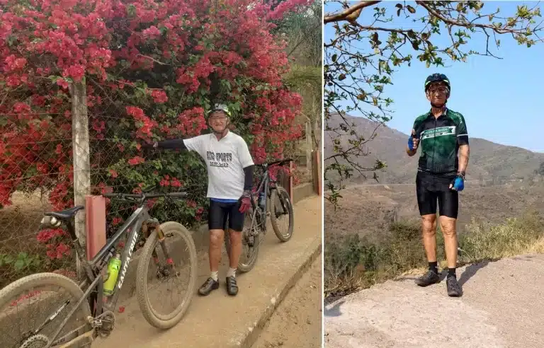 Elísio Almeida, marianense mais idoso a participar o Iron Biker, em dois registros dos treinos realizados na semana. À esquerda, ao lado da bicicleta, de camisa branca e bermuda preta, á frente de árvore florida. À doreita também de bermuda preta, mas com camisa verde, em uma trilha, tendo ao fundo o horizonte do bairro Liberdade (Ouro Preto, Minas Gerais)