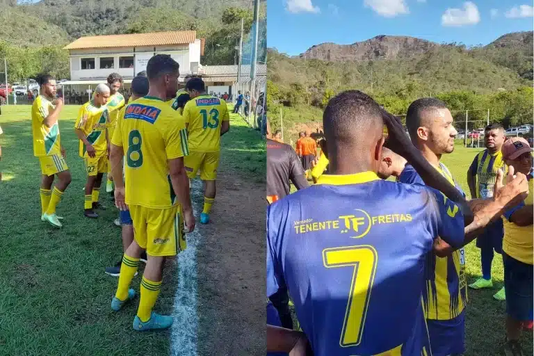 Jogadores do )8 de Dezembro (uniforme amarelo e verde) e jogadores do Águia de Ouro (uniforme azul e amarelo), na parada técnica da primeira partida da final da 1ª Divisão