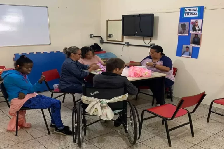 Dois alunos da APAE, um deles em cadeira de roda, participam de oficina de artesanato em sala da APAE destinada à atividade específica