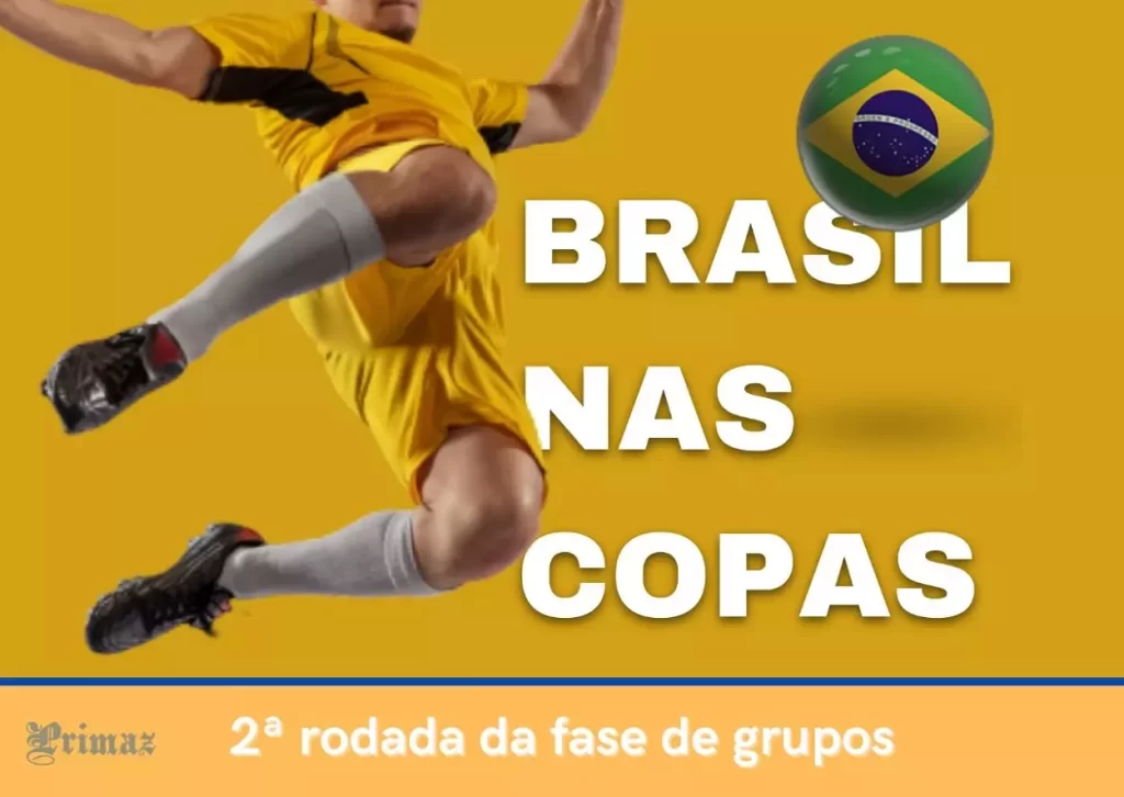 Sobre fundo amarelo, jogador com uniforme também amarelo, dá um voleio na bola, estilizada com a bandeira brasileira