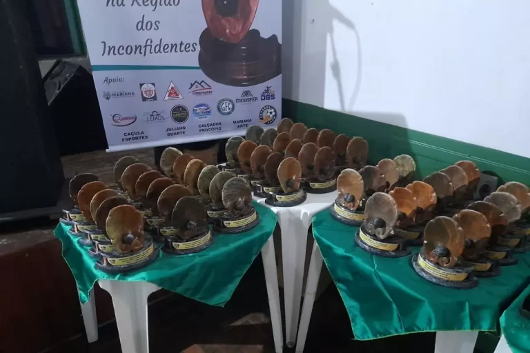 Quarenta e nove exemplares do Troféu Paulo Munheca, concedidos aos destaques em 2022, dispostos sobre três mesas, forradas com toalhas verdes