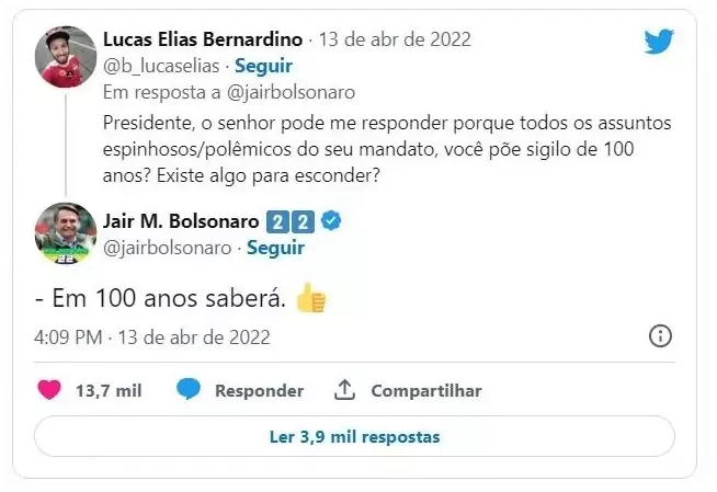 Reprodução de Tweet em que o ex-presidente Jair Bolsonaro responde, ironicamente, sobre a razão de colocar sob sigilo dados do cartão corporativo e outros documentos