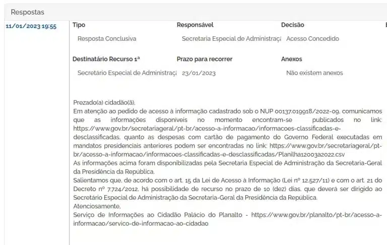 Reprodução da resposta da Presidência da República ao pedido de acesso à informação sobre gastos de Bolsonaro com hospedagens