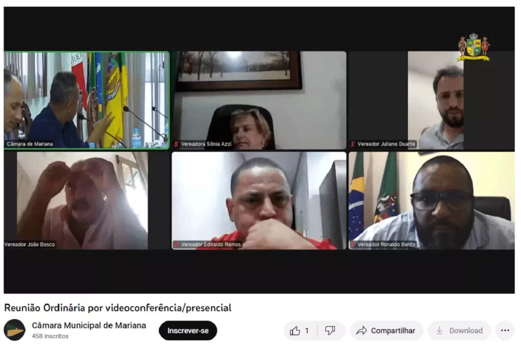 Captura da tela de transmissão ao vivo da Câmara de Mariana, com participação online de alguns vereadores