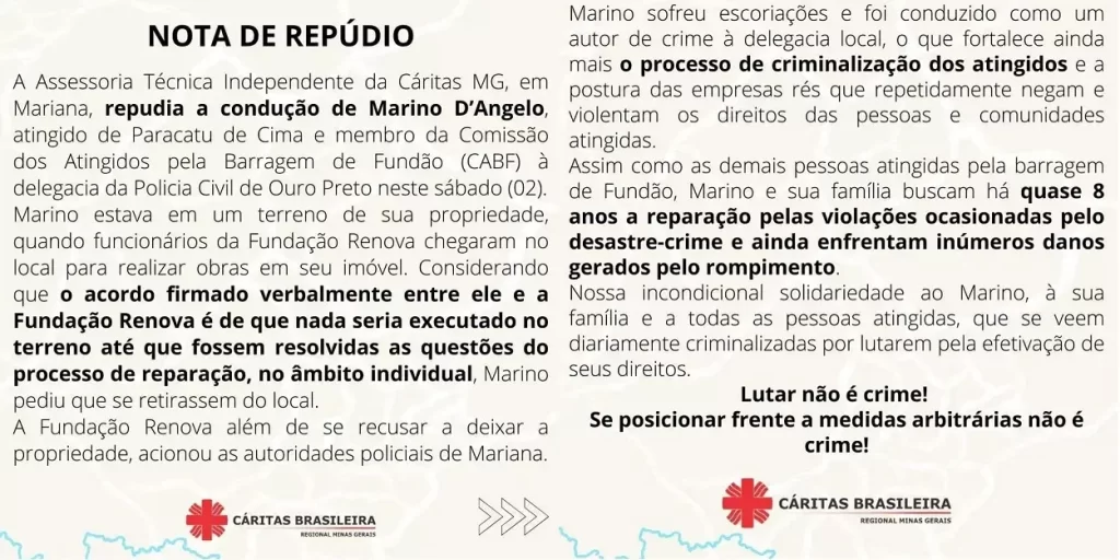 Nota de repúdio publicada pela Cáritas Brasileira/Regional Minas Gerais, contra a detenção, em ação solicitada por empresa contratada pela Fundação Renova