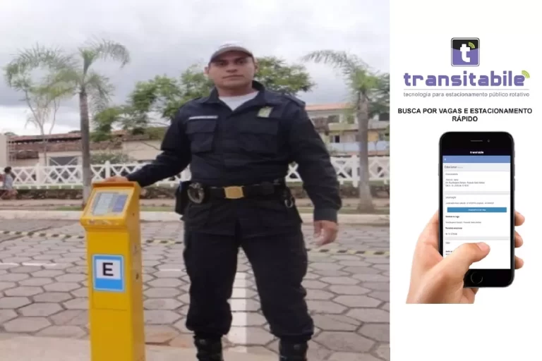 Guarda Municipal, órgão da Secretaria de Segurança Pública de Mariana, ao lado de um totem do estacionamento rotativo e reprodução da tela de um aplicativo de estacionamento rotativo