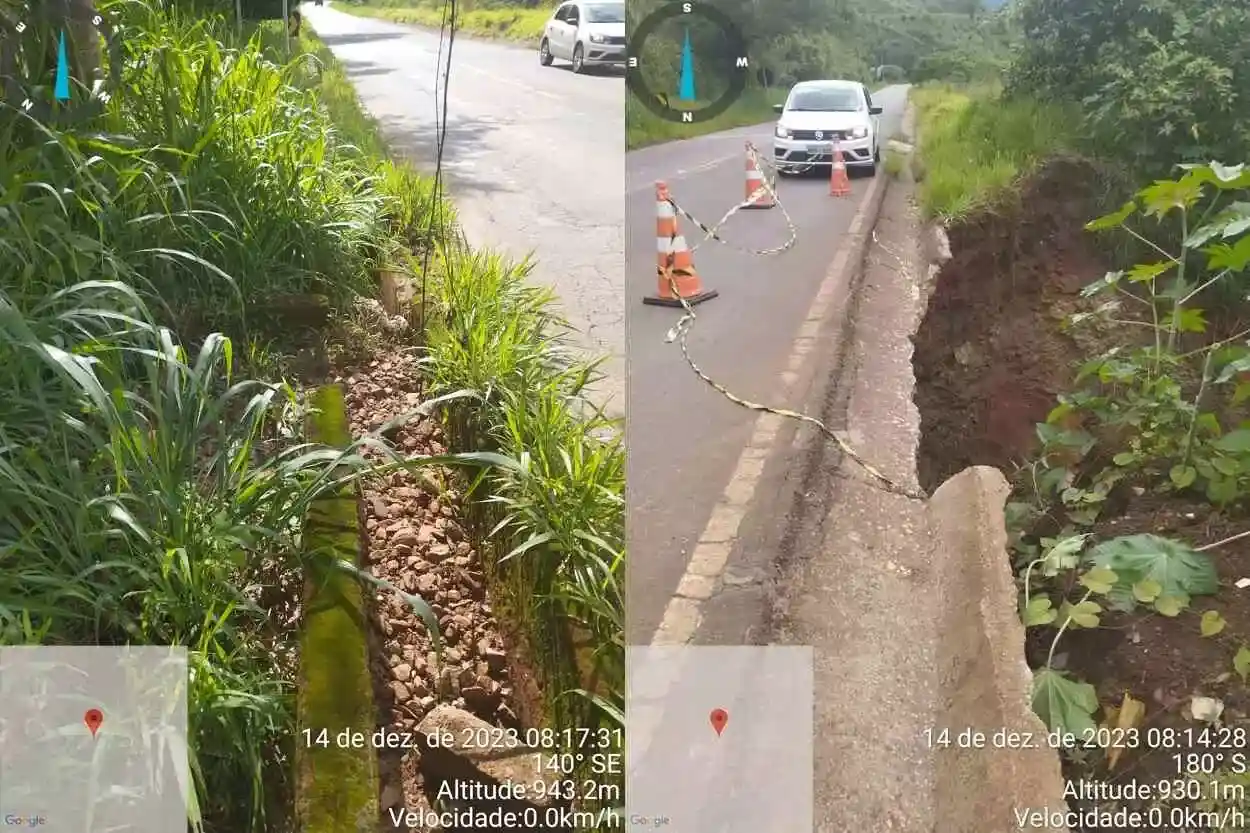 Canaleta obstruída (à esquerda) e cratera à margem da rodovia