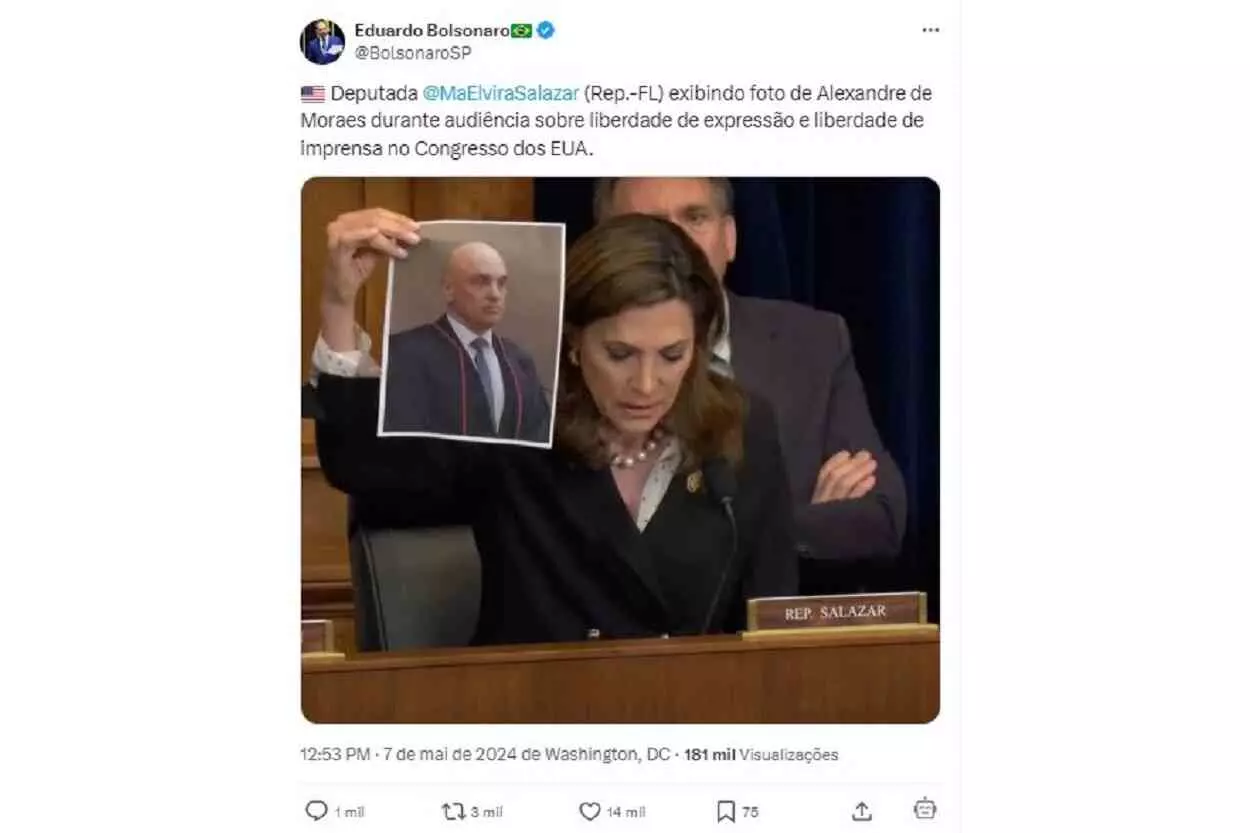 Eduardo Bolsonaro compartilhou foto de Maria Elvira Salazar em manifestação durante a audiência nos EUA