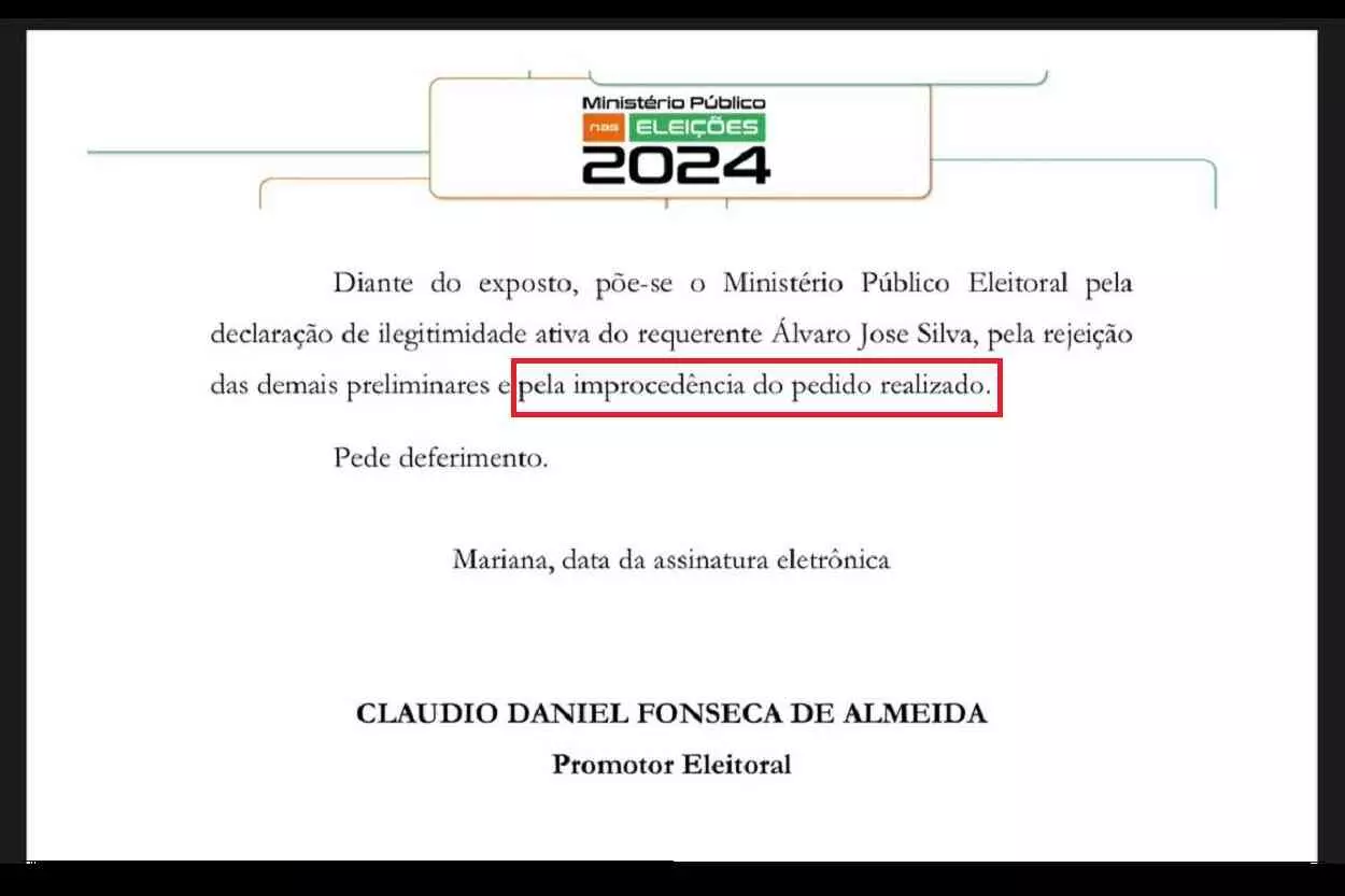 Conclusão do parecer do Promotor Eleitoral de Mariana em relação ao pedido de impugnação da candidatura de Juliano Duarte