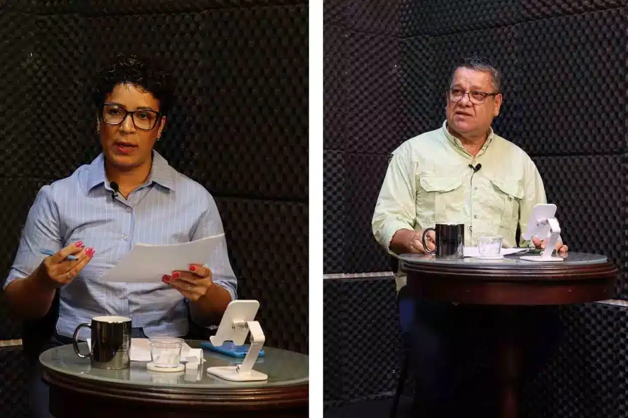 Eliene Santos, do Portal Ângulo (à esquerda) e Roberto Verona, do Território Notícias, mediando blocos do Debate Eleições 2024