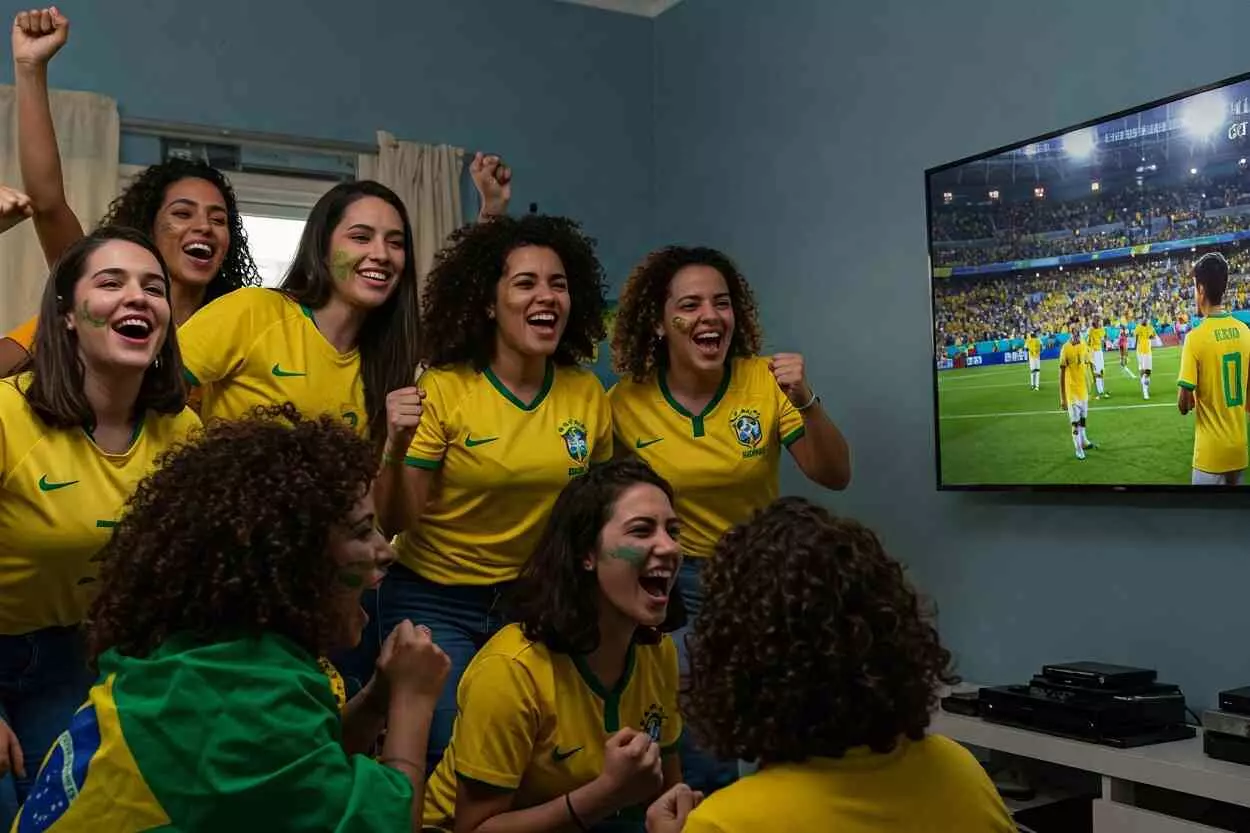 Brasileiras uniformizadas torcendo pela seleção brasileira
