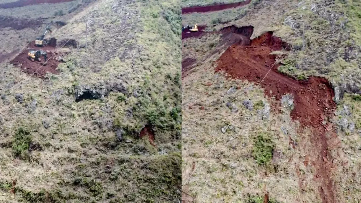 Colagem mostra duas imagens, a primeira com uma caverna inteira e algumas máquinas à espreita e a segunda, com a entrada da caverna destruída.