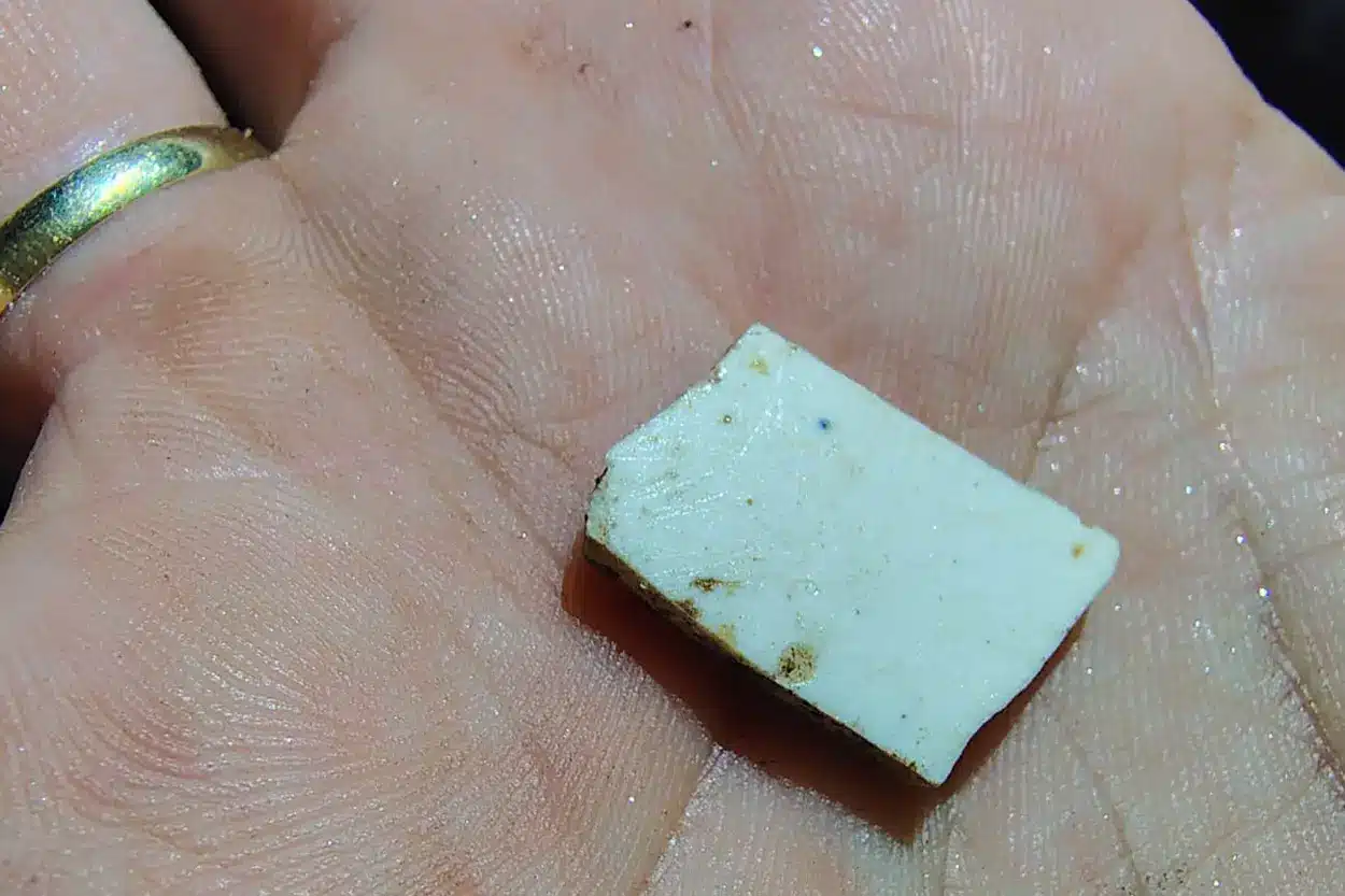Um pequeno fragmento de louça também foi encontrado durante a expedição no interior da caverna