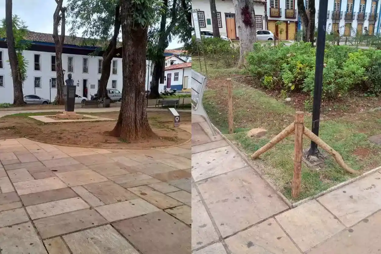 Canteiros sem grama e com cercamento improvisado causam impressão de desleixo