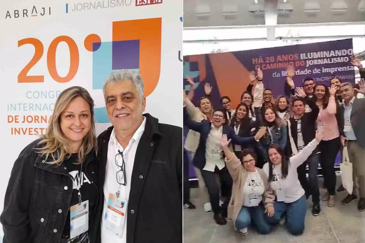 À esquerda, Fernanda Lara e Luiz Loureiro. À direita alguns dos jornalistas apoiados pelo Mais pelo Jornalismo que participaram do Congresso da ABRAJI