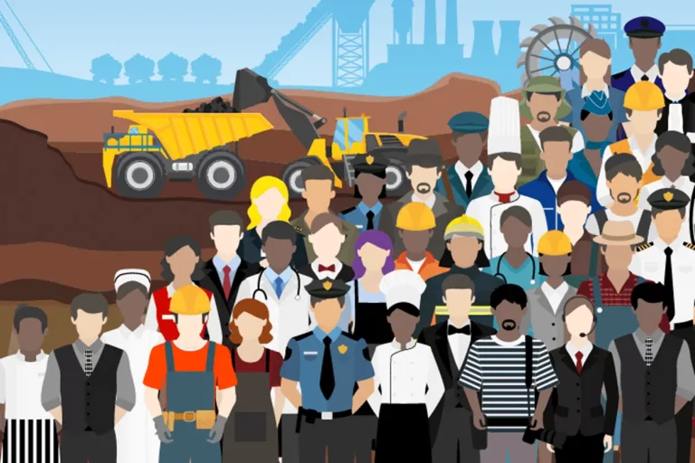 Na arte é se encontram vários trabalhadores de diversas áreas e uma construção ao fundo.