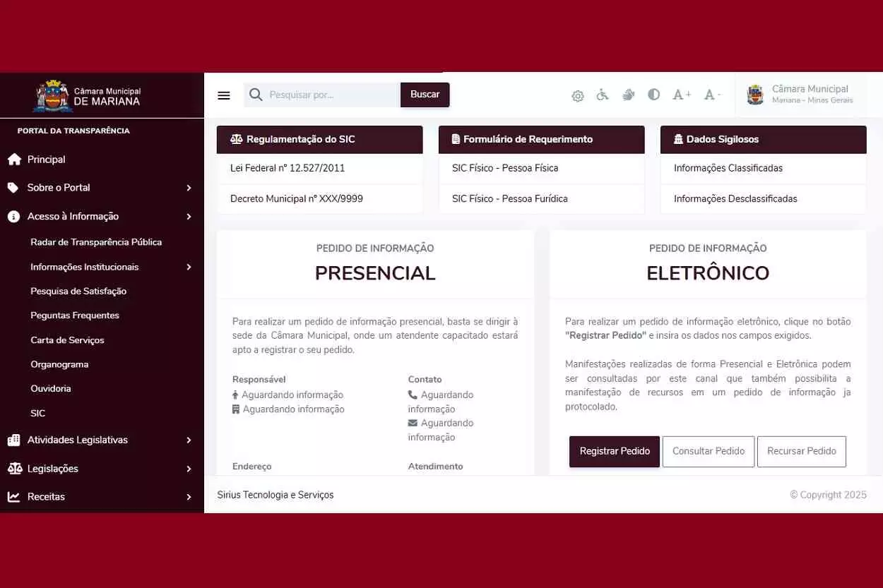 Página inicial do SIC, supostamente para regulamentar a Lei de Acesso à Informação da Câmara Municipal de Mariana – Foto: Reprodução/Print de tela