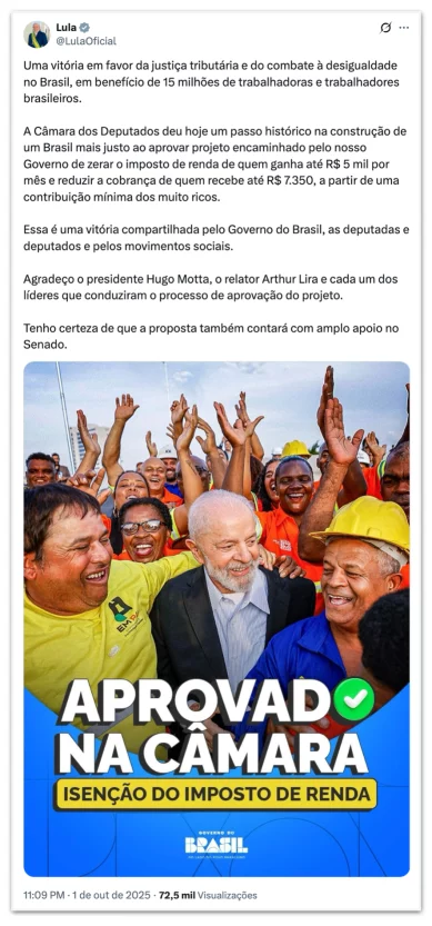 Lula comemorou no X, antigo twitter a isenção do ir