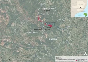 Localização das estruturas do Projeto Longo Prazo (PLP) entre os municípios de Mariana, Ouro Preto e Catas Altas, Minas Gerais