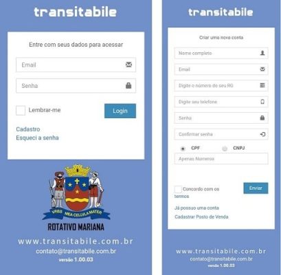 Telas iniciais do aplicativo "Rotativo Mariana Transitabile", disponível para Android e IOS